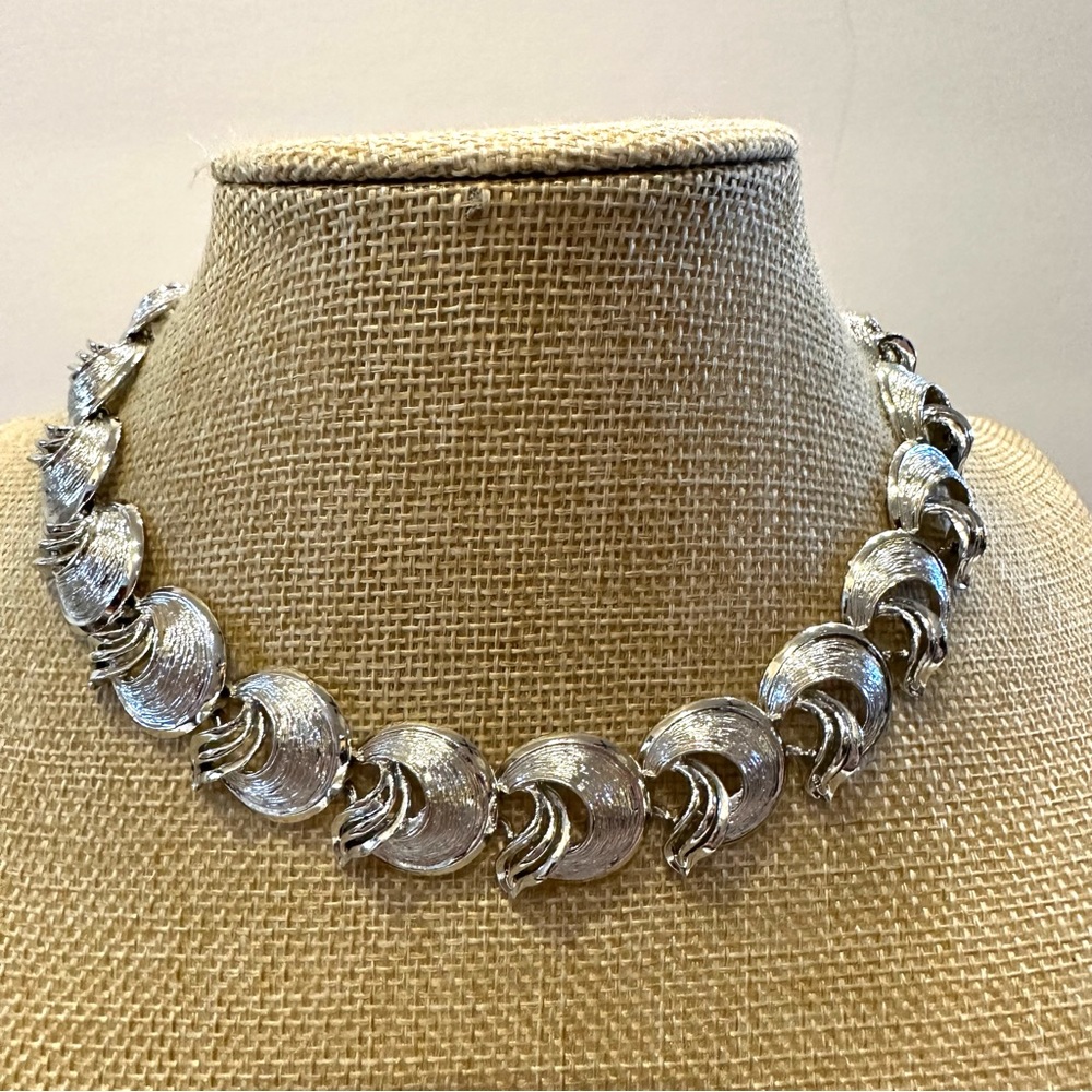 Vintage Silver Tone Collar Statement Necklace, geometric circle design, flat lay